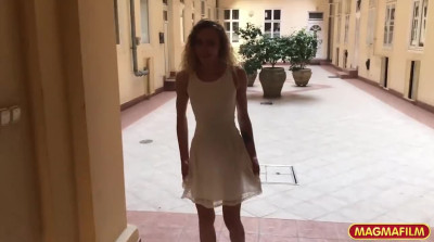 Trashy blonde Angel Emily sucks in the bathroom as a foreplay