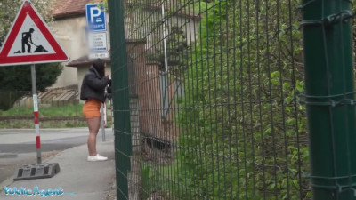 Spanish PAWG is approached outdoors and offered money