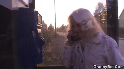 Blonde granny in stockings rides cock after a blowjob