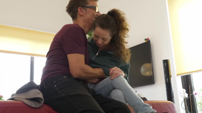 Girl with a tattoo on left hip fucked by stepdad