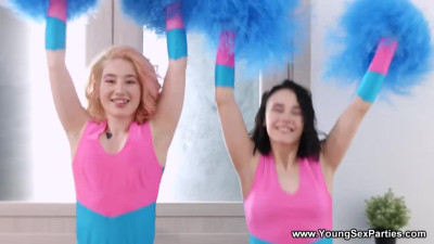 Lustful teen coeds blow and fuck a nerdy guy in 3some