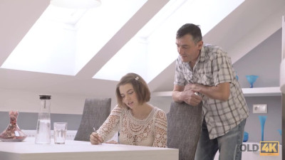 Old man tempts young and busty GF into lovemaking