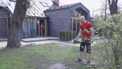 Dirty teen gal seduces bald neighbor guy on hot fucking