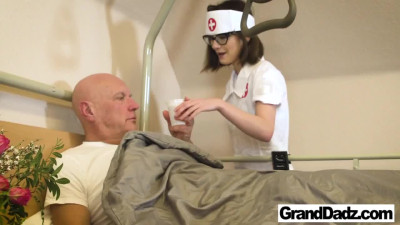 Geeky nurse is going to take care of a hard mature dick