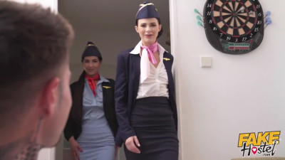 A couple of horny girls are having fun with one hunky fella