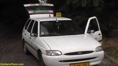 The taxi driver stops the car and cums inside of the ebony