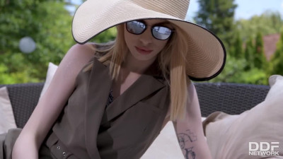 Huge dick for a rich blonde babe by the swimming pool