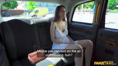 Brunette with big natural tits is banged in the taxi
