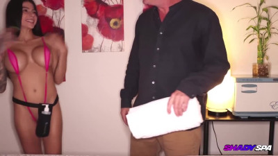 Inked bitch with fake boobs giving a handjob and more