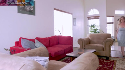 Blonde wife's in heat fucks her lazy husband on a couch