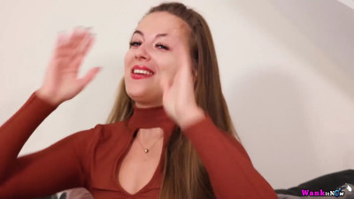 Cute blonde girl Monika Smith gives a footjob to a toy