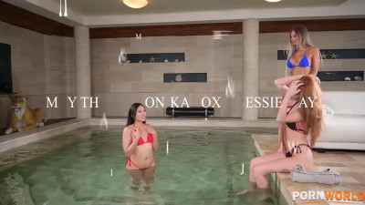 Bisexual women showing how to fuck by the swimming pool