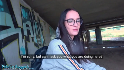 Glasses girl strokes that dick and takes it under the bridge