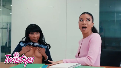 Licking her backside behind boss' back in a hot lesbo vid