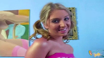 Pigtailed blonde Jaelyn Fox masturbates on camera