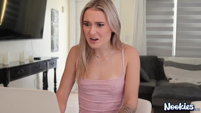 Petite blonde Thea Summers smiling while giving a BJ