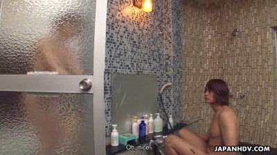 Hitomi Hayama washing his body before letting him fuck her