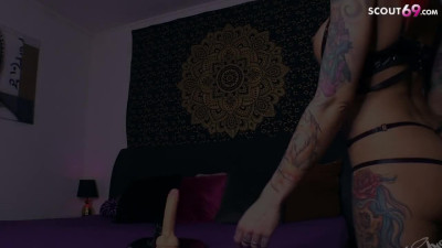 Tattooed redheaded prostitute is talking dirty to a cuck
