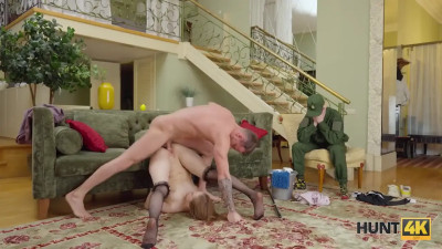 Dude gets to fuck a submissive whore with her BF on guard