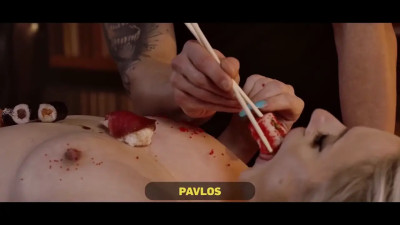 Blonde bombshell MILF serves sushi on her naked body