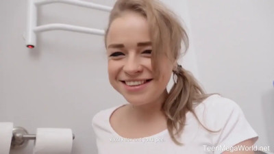 My petite gf gobbles on my hard cock in the bathroom