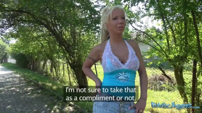 British woman with fake boobs is having public sex