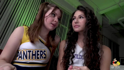 Cute cheerleaders take turns to ride their team's captain