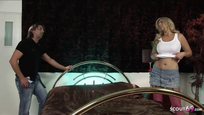 Fit blonde babe wears fishnets while licking a brunette