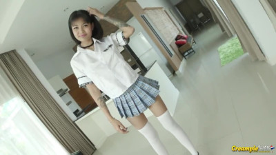 Gorgeous Thai schoolgirl begs him to creampie her cunt
