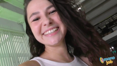 Chubby brunette Liz Jordan smiling in a POV video