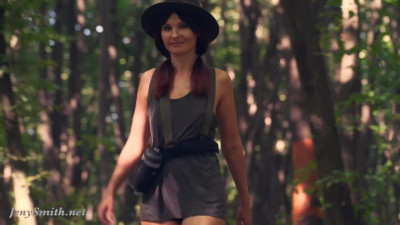Fully naked Jeny Smith explores the forest to tease you